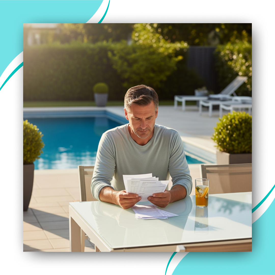 Man sitting by his pool, looking at bills