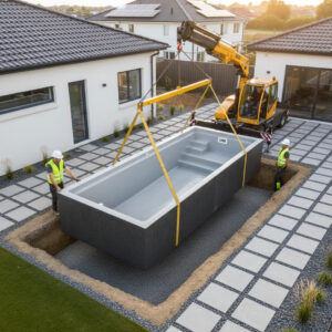 Precast pool shell being lowered into an installation site by a crane, illustrating fast, simple installation.