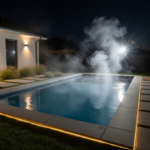 Steaming plunge pool on a cool evening, highlighting the R-60 built-in energy efficiency and heat retention.