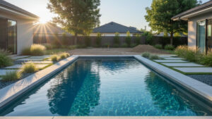 Modern precast concrete plunge pool installed in a minimalist backyard setting during golden hour.