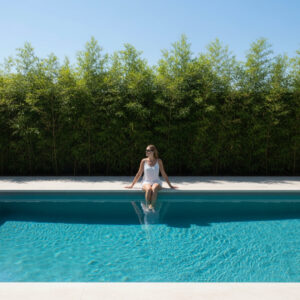 Woman relaxing by a modern plunge pool, peaceful setting