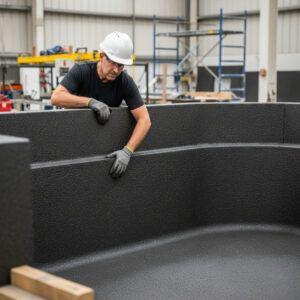 Construction worker inspecting durable polyurea pool shell