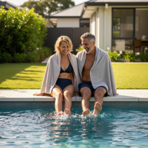 Smiling couple enjoying a new plunge pool in their backyard.