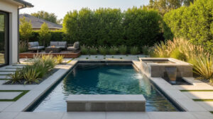 Modern backyard with sleek plunge pool, lush landscaping