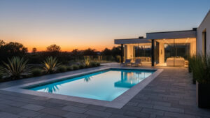 A wide-angle architectural photo of a rectangular precast concrete pool at sunset. The glowing blue pool is flush with a modern slate-gray stone patio, set against a contemporary home with large glass walls and a vibrant orange horizon.
