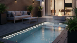 A luxurious rectangular plunge pool at dusk integrated into a modern dark wood deck. The water is steaming slightly, illuminated by interior LED strip lighting, with a contemporary fire pit and outdoor sofa in the background.