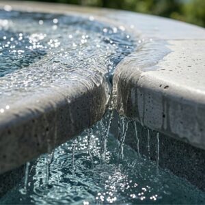 Close-up of crystal clear water rippling against the durable coping of a modern plunge pool.