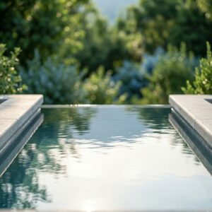 A serene, perfectly calm surface of water in a plunge pool reflecting the surrounding garden.