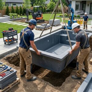 Two professional contractors carefully maneuvering a pre-fabricated pool shell into place during installation.