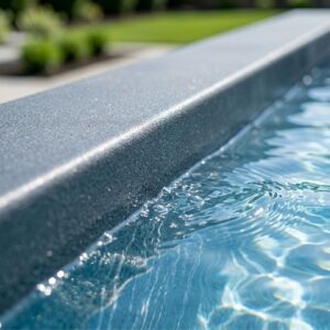 textured polyurea edge of a backyard pool, showing durability