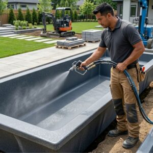 A pool technician carefully applies a seamless polyurea coating using a sprayer.