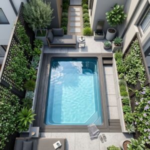 An overhead view of a small, modern plunge pool
