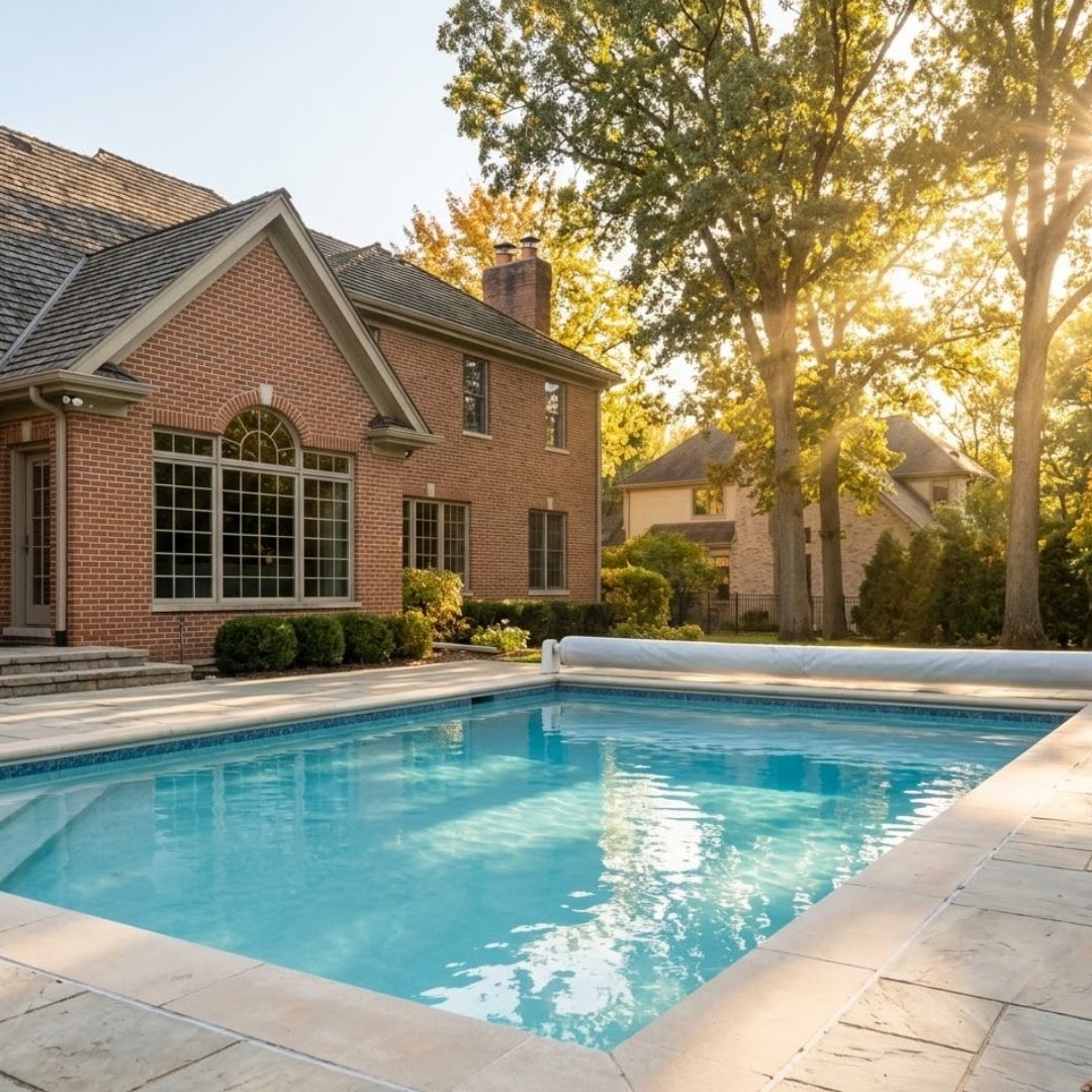 Warm sunlight illuminates a well-maintained swimming pool with a stone deck in the early autumn, showcasing a sustainable, energy-efficient backyard design in Naperville, Illinois.