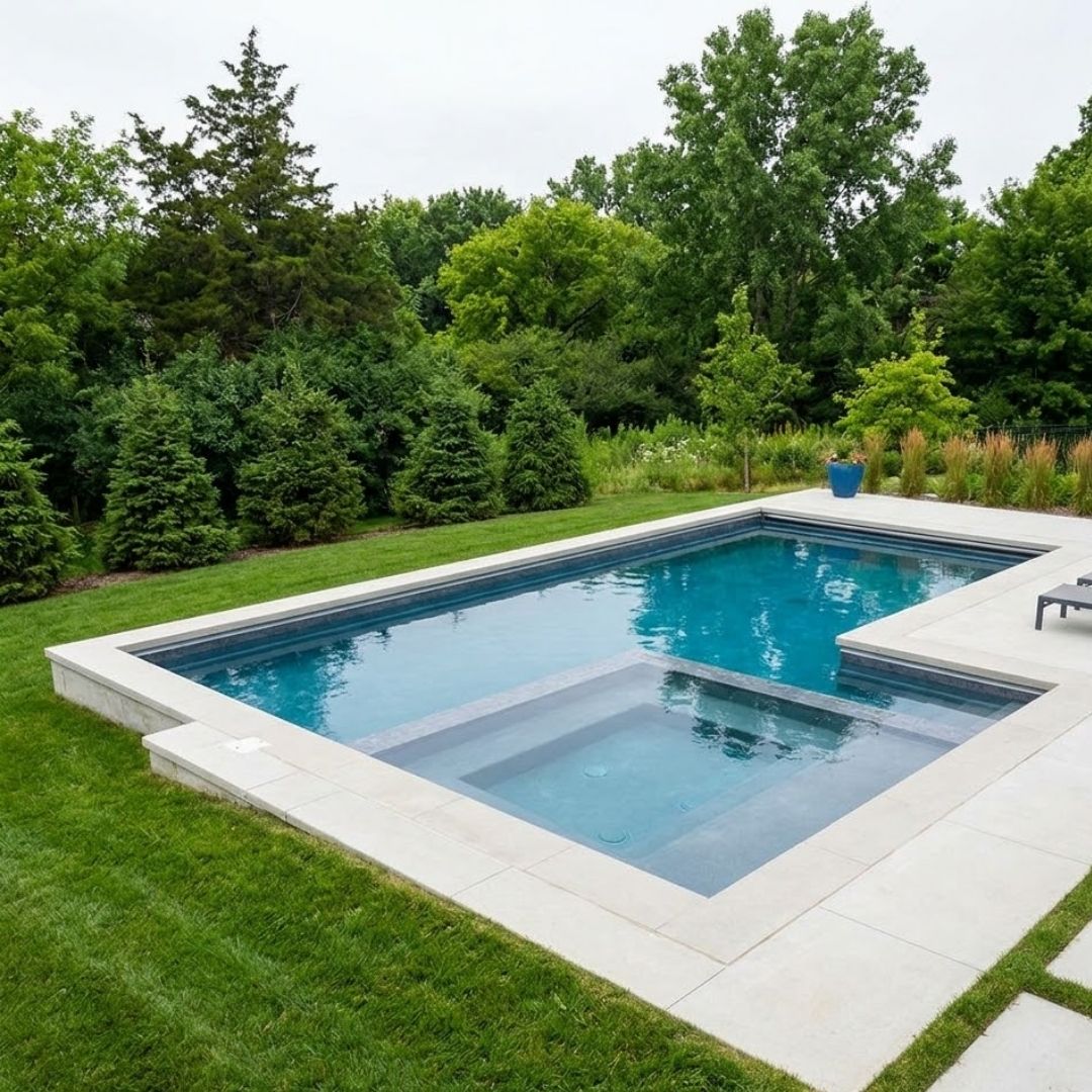 A modern geometric swimming pool with dark grey interior finish is surrounded by lush green Midwestern landscaping and a light concrete deck.