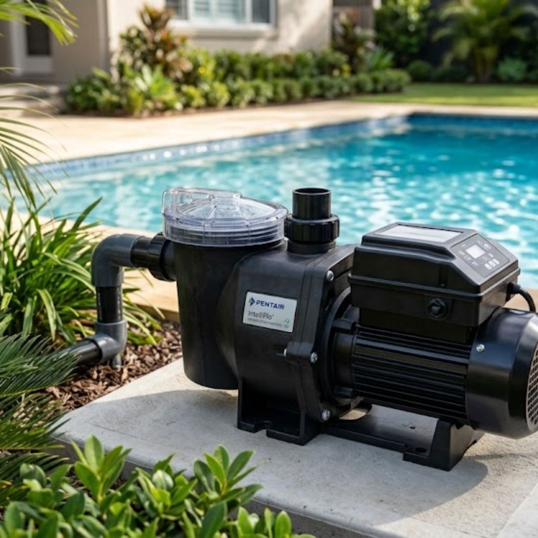A professional-grade variable-speed pool pump unit sits on a concrete pad by a clear blue swimming pool, featuring a clear filter lid and digital control panel in a landscaped backyard setting.