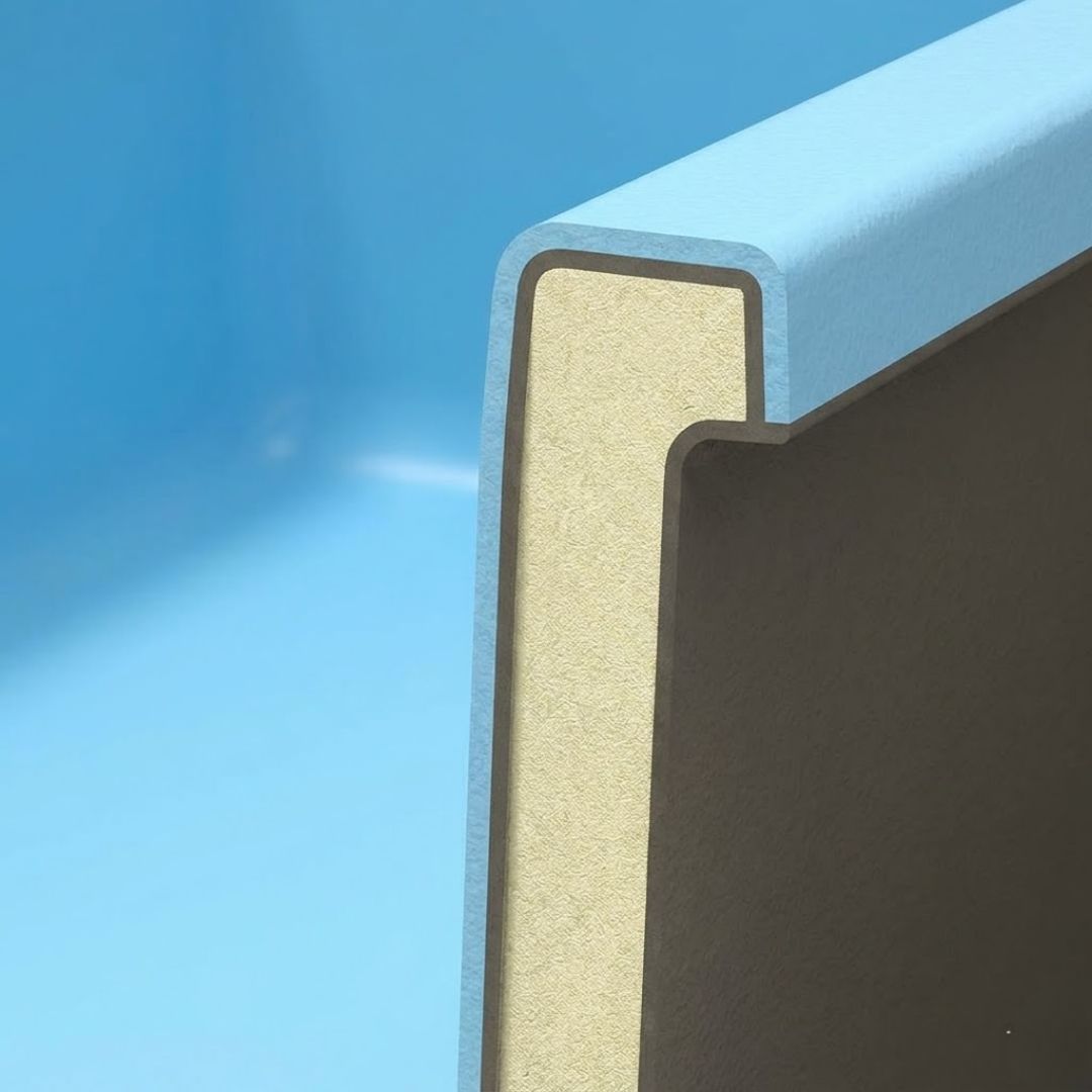 A clean macro shot showing a cross-section of the R-60 insulated pool shell, highlighting the layered EPS core.