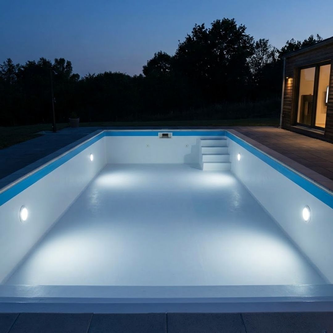 Modern LED lighting fixtures illuminate the interior of an empty, contemporary swimming pool at dusk, highlighting efficiency.
