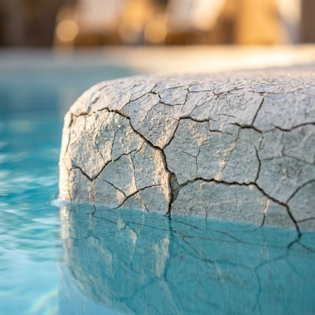 A wide, candid photograph shows a perfectly clear, well-maintained swimming pool in a private Naperville backyard with natural stone pavers and lush green landscaping under soft afternoon light.