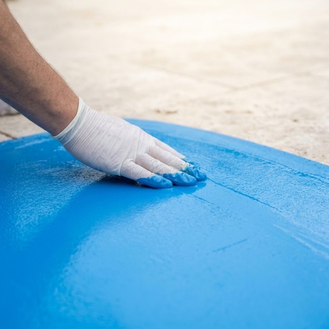 A close-up square photograph captures a gloved hand applying a smooth, seamless blue polyurea coating to a pool surface, highlighting the material's flexible and durable texture.