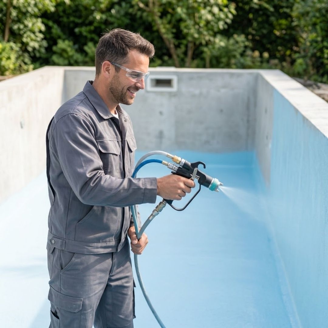 A square photograph shows a focused pool technician in safety gear precisely using a spray application gun to apply a smooth blue polyurea finish to a new pool shell, illustrating the efficient installation process.