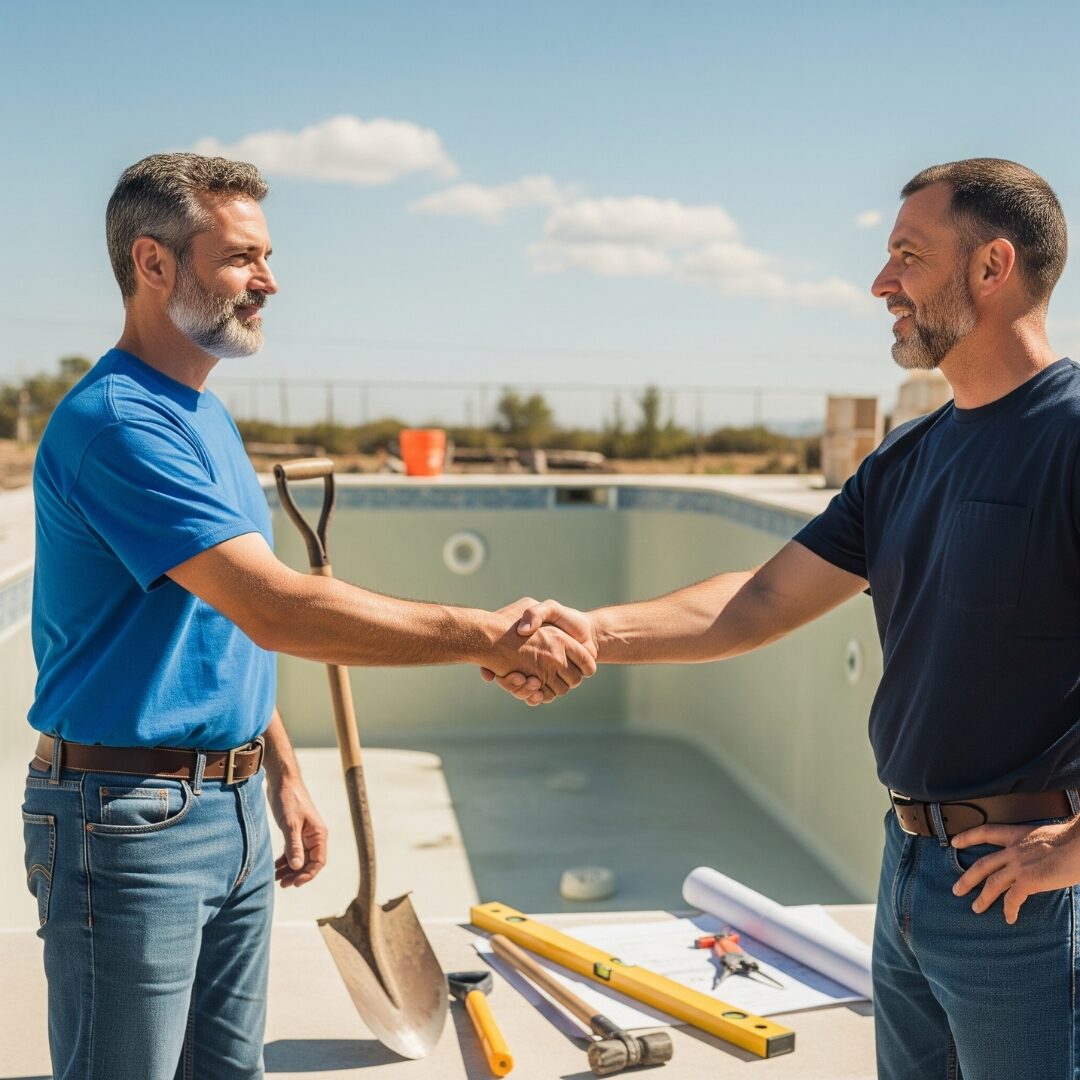 2 contractors shaking hands near a pool installation site